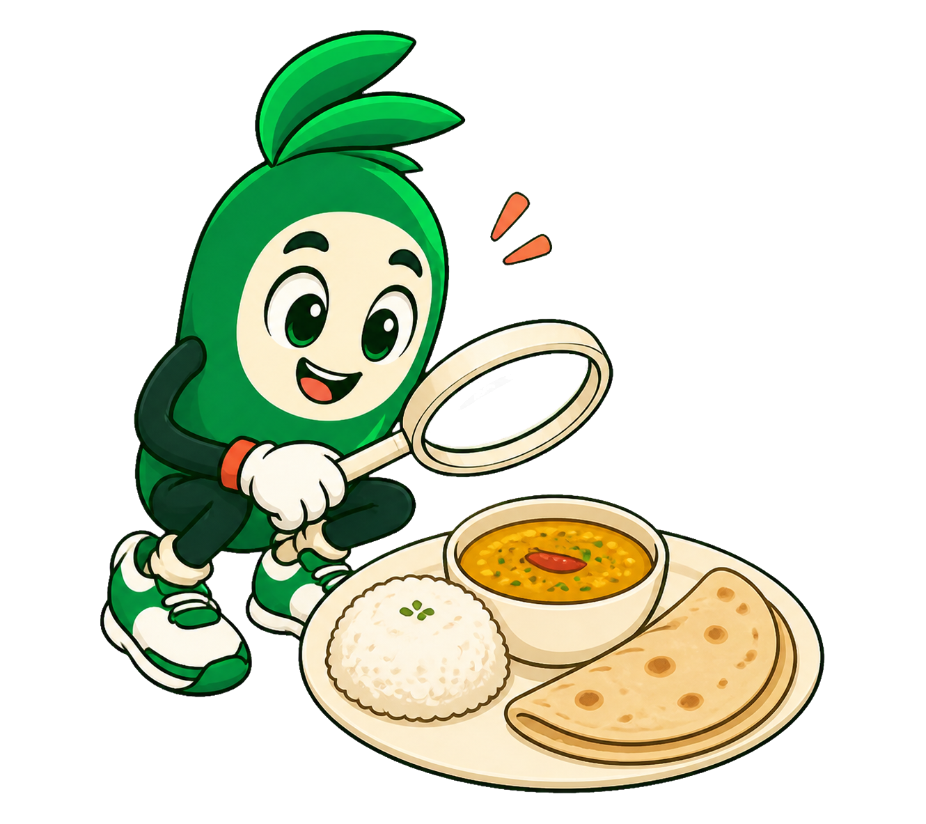 Fitineary's mascot examining rice, dal and roti with a magnifying glass.